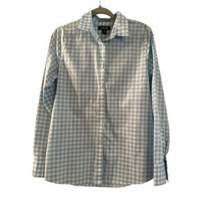 Land's End 100% Supima Cotton No Iron Button Front Shirt Blue Gingham Sz 10 Tall